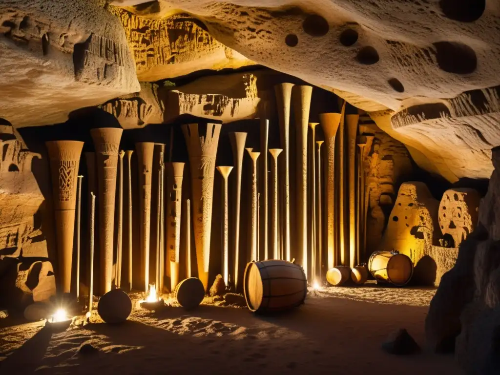 Imagen de una pared de cueva prehistórica iluminada por antorchas con instrumentos musicales antiguos tallados en la roca, evocando la acústica de las cuevas prehistóricas y su importancia cultural