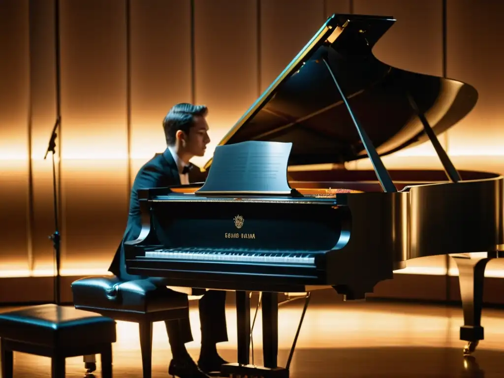 Imagen de un piano de cola en un elegante concierto, con el sonido del piano de cola capturando la emoción de la música clásica