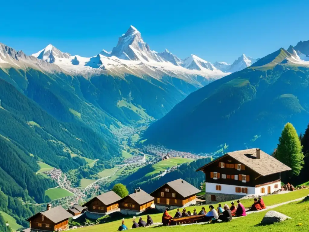 Imagen de un pintoresco pueblo alpino con casas de madera, flores alpinas y lugareños tocando el fiscorno alpino, evocando su historia y sonido cultural en las montañas europeas