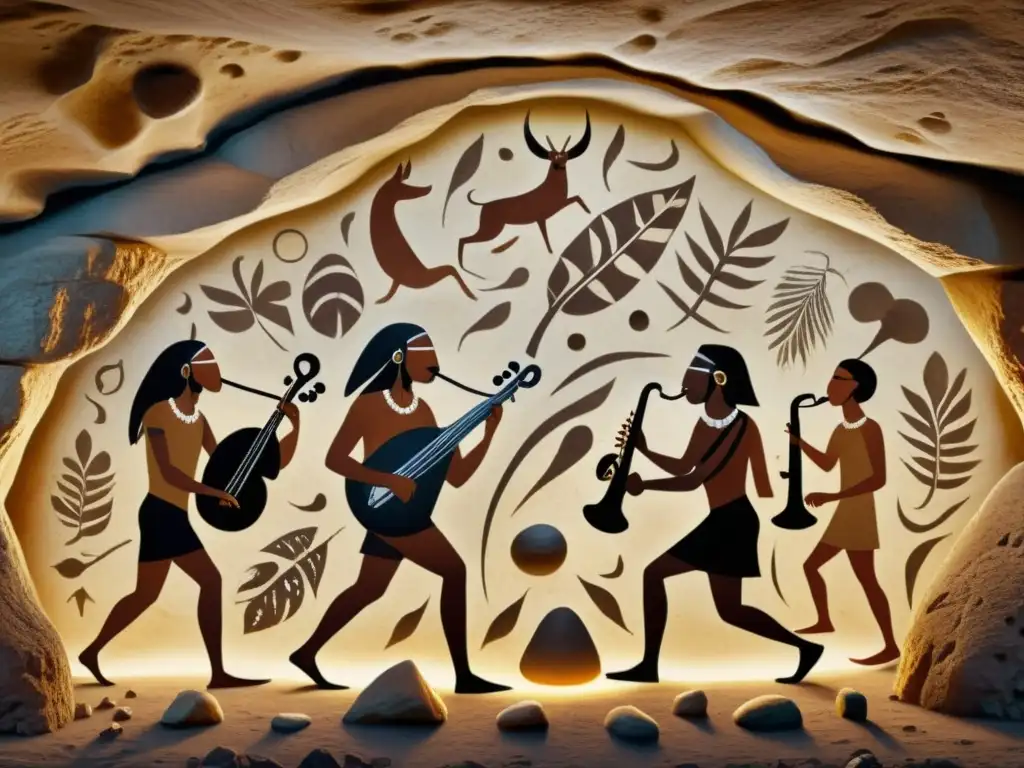 Imagen de una pintura rupestre que muestra la fabricación de instrumentos musicales prehistóricos en una cueva, con músicos y detalles intrincados