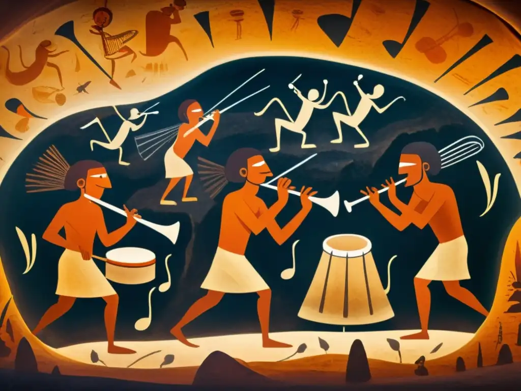 Imagen de una pintura rupestre mostrando a humanos prehistóricos tocando instrumentos musicales como flautas de hueso y tambores