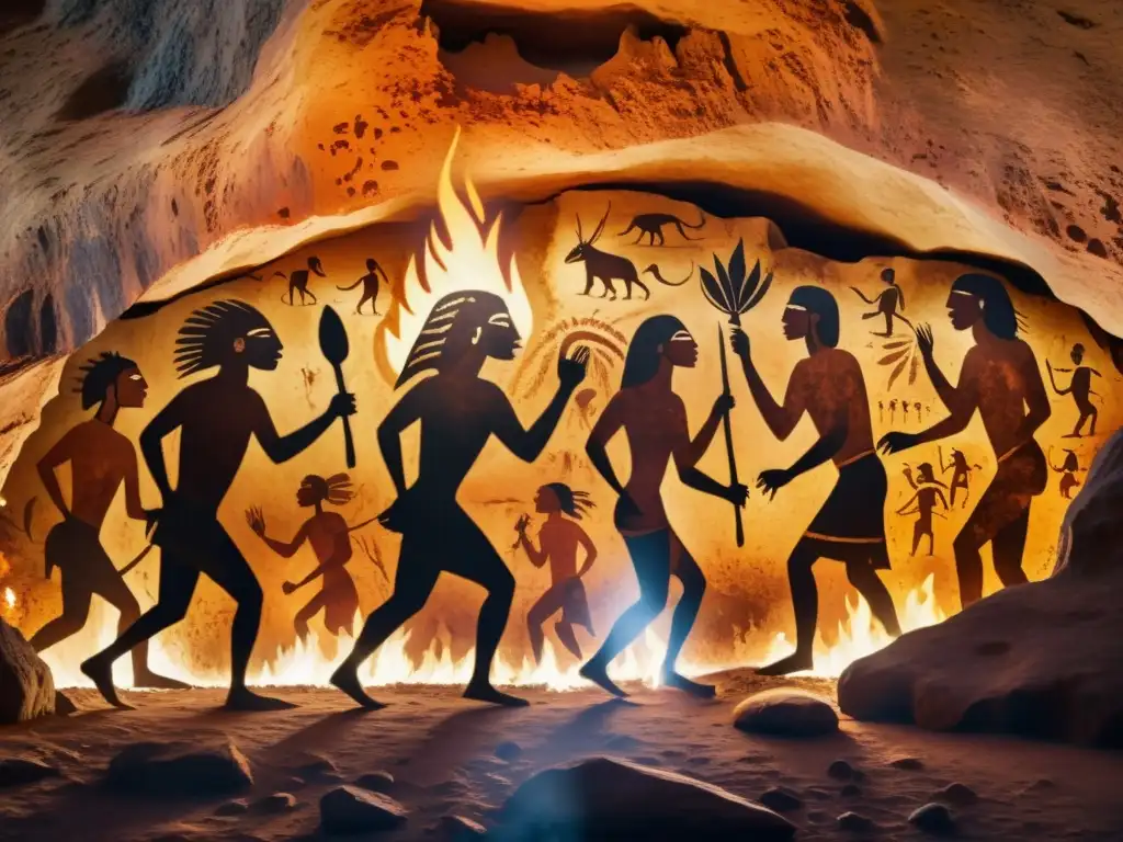 Imagen de una pintura rupestre que muestra la importancia de la música prehistórica en un baile ceremonial iluminado por el fuego en una cueva