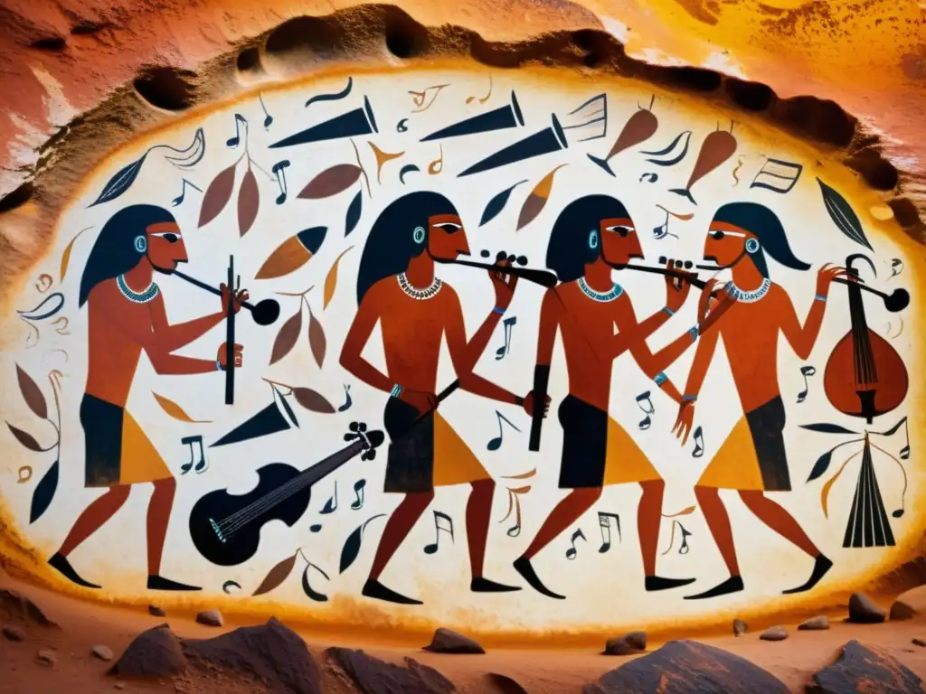 Imagen de pintura rupestre con prehistóricos tocando instrumentos musicales, destacando el impacto de la música en la cognición humana