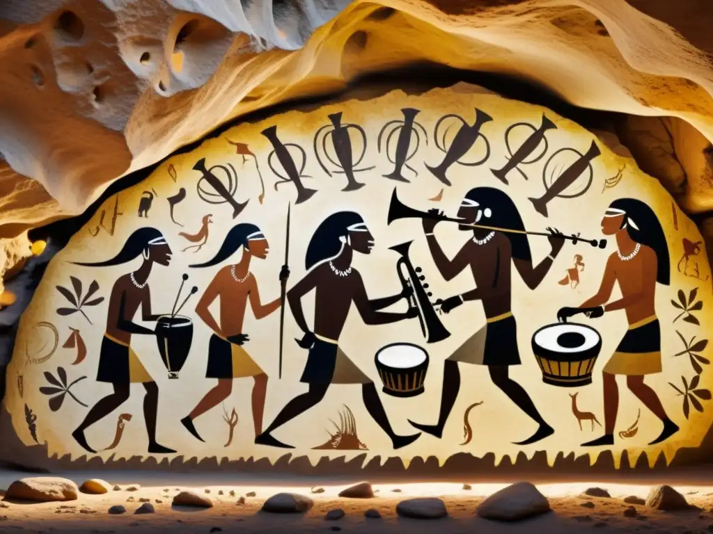 Imagen de una pintura rupestre que muestra prehistóricos tocando instrumentos hechos de huesos y tambores de piel animal