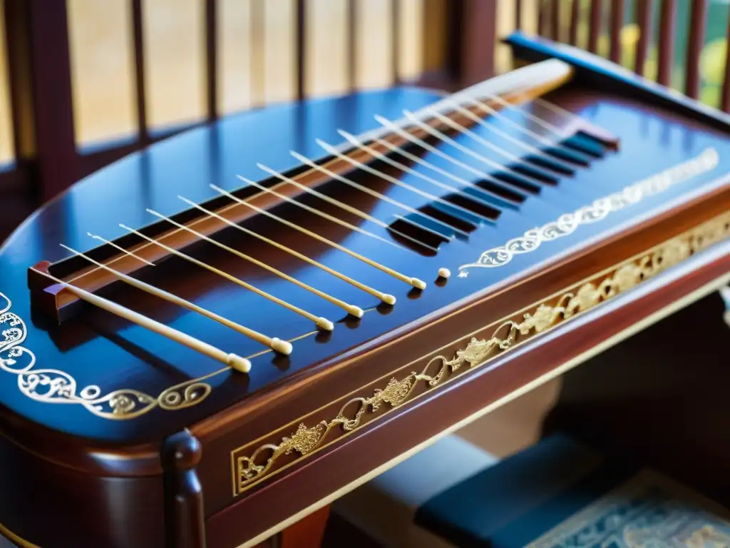 La imagen muestra un primer plano de un guzheng chino tradicional, con intrincadas tallas y delicadas cuerdas, iluminado por suave luz natural