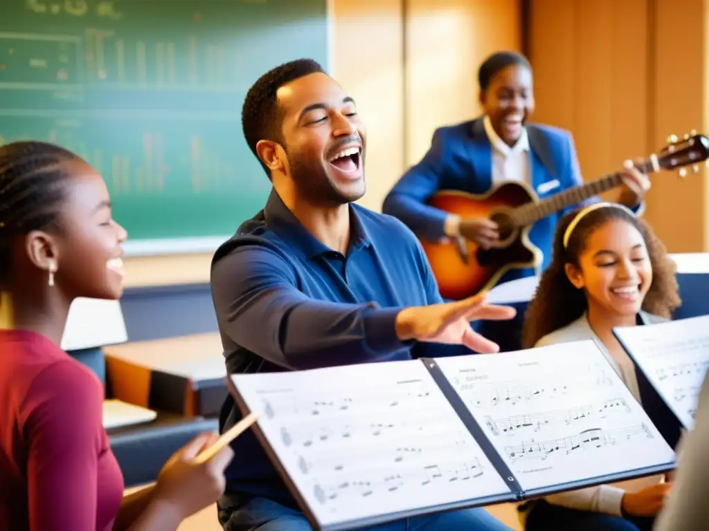 La imagen muestra a un profesor de música guiando a sus estudiantes con entusiasmo en una clase dinámica y comprometida