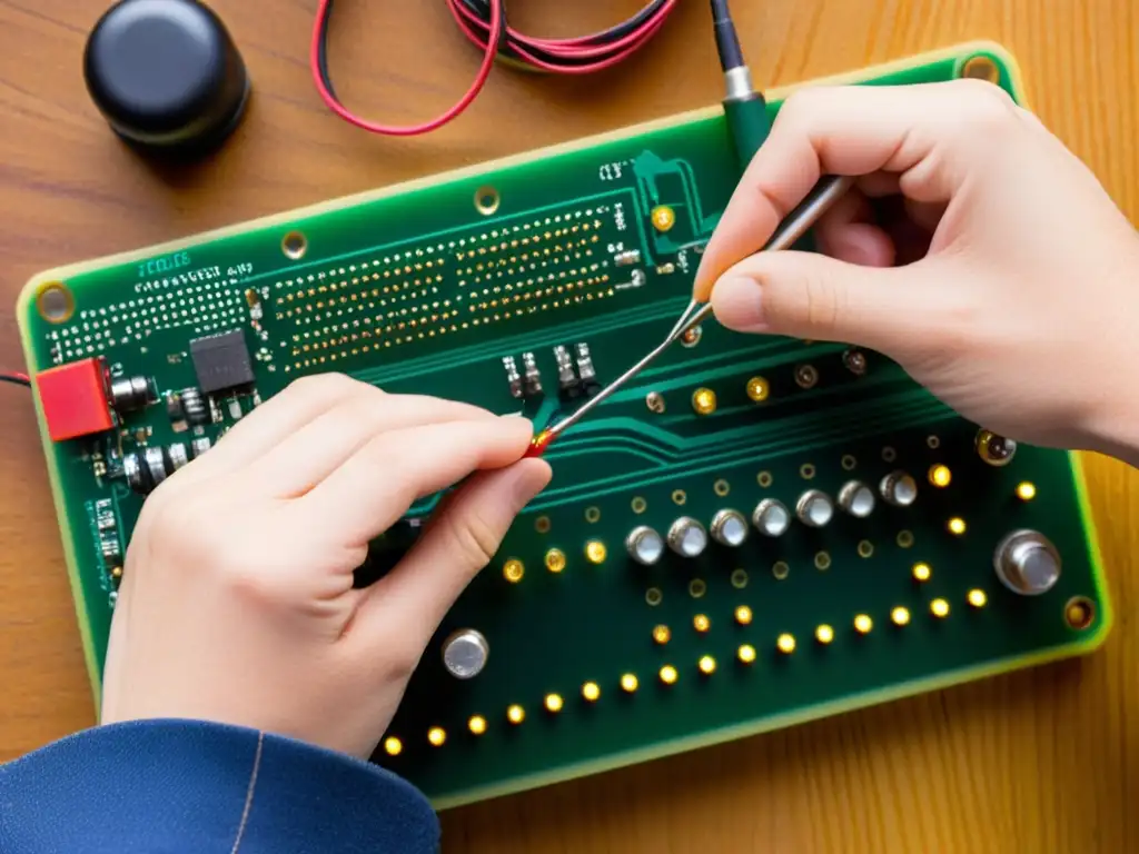 Una imagen de alta resolución de un circuito de un juguete electrónico vintage, modificado con circuit bending