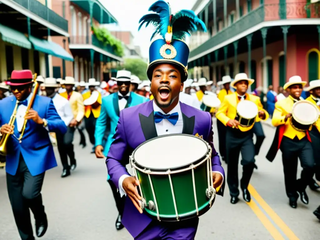 Imagen de alta resolución de un desfile del Second Line en Nueva Orleans, con vibrantes colores, baile y música de percusión