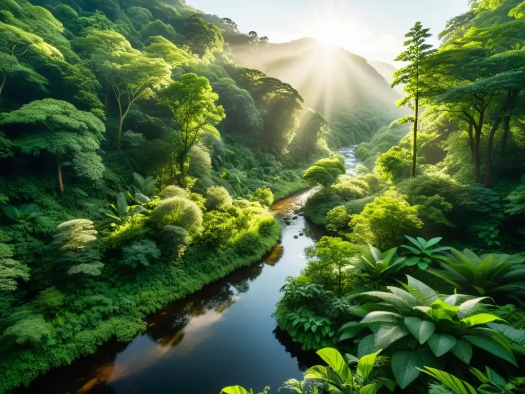 Imagen de alta resolución de un exuberante bosque con diversa flora y fauna