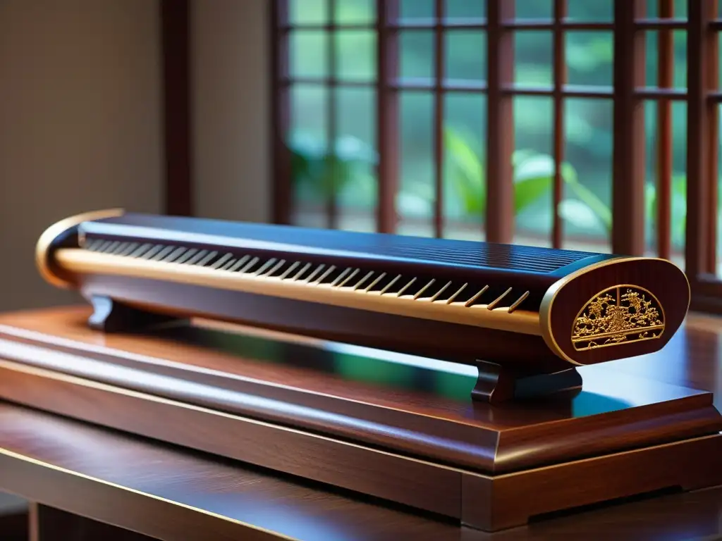 Una imagen de alta resolución de un guqin chino tallado con diseños ornamentales, descansando en un soporte de madera