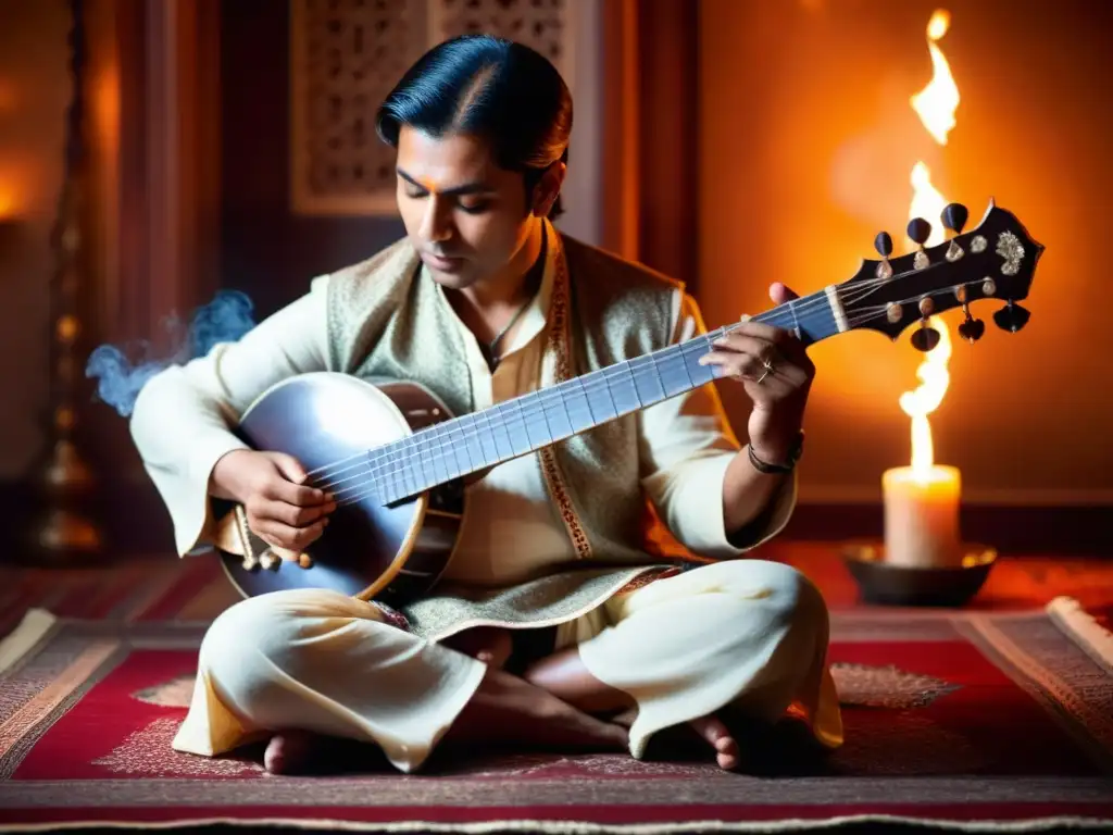 Imagen de alta resolución de un músico tocando un sitar en un ambiente sereno y meditativo, evocando la conexión espiritual de la música hindú