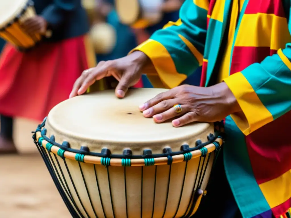 Imagen de alta resolución de un músico habilidoso tocando un Tambor Alegre durante una actuación de música tradicional colombiana