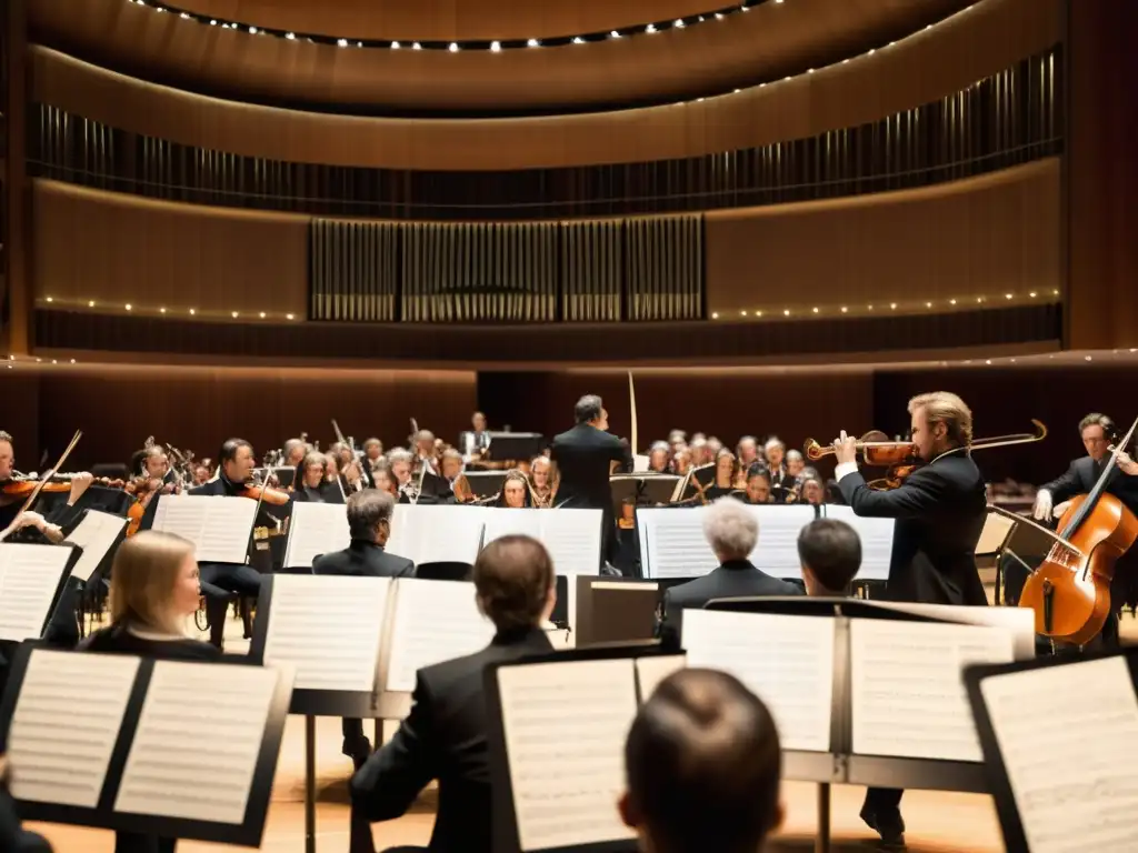 Una imagen de alta resolución de una orquesta sinfónica interpretando en una sala de conciertos, con énfasis en la sección de vientos