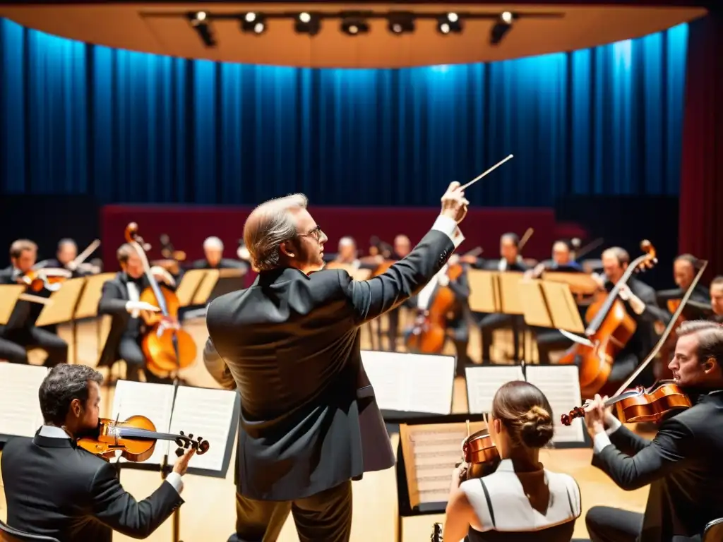 Una imagen de alta resolución de una orquesta sinfónica en pleno escenario, con el director liderando enérgicamente a los músicos