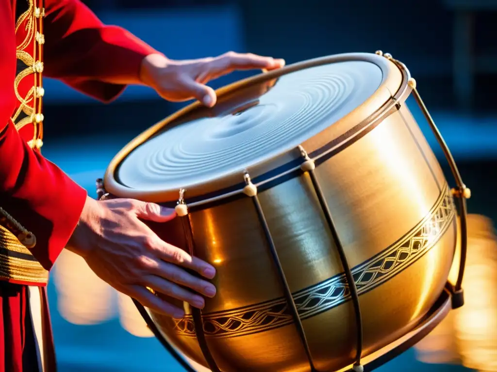 Imagen de alta resolución de un percusionista tocando un tambor de agua tradicional, mostrando ritmos líquidos en la percusión tradicional