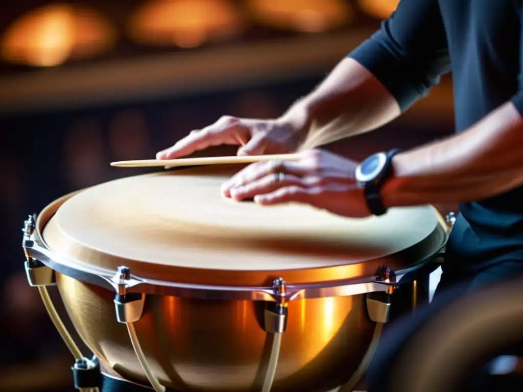 Imagen de alta resolución de un percusionista tocando un timbal, resaltando el ritmo y dinámica del instrumento en un entorno orquestal inmersivo