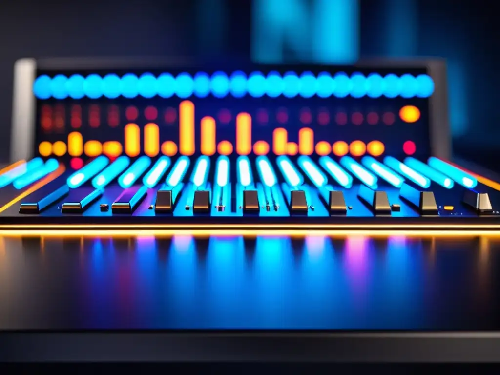 Sintetizador de audio futurista con pantalla LED y diseño minimalista Una imagen de alta resolución de un sintetizador de audio futurista con una estética minimalista y una terminación metálica pulida