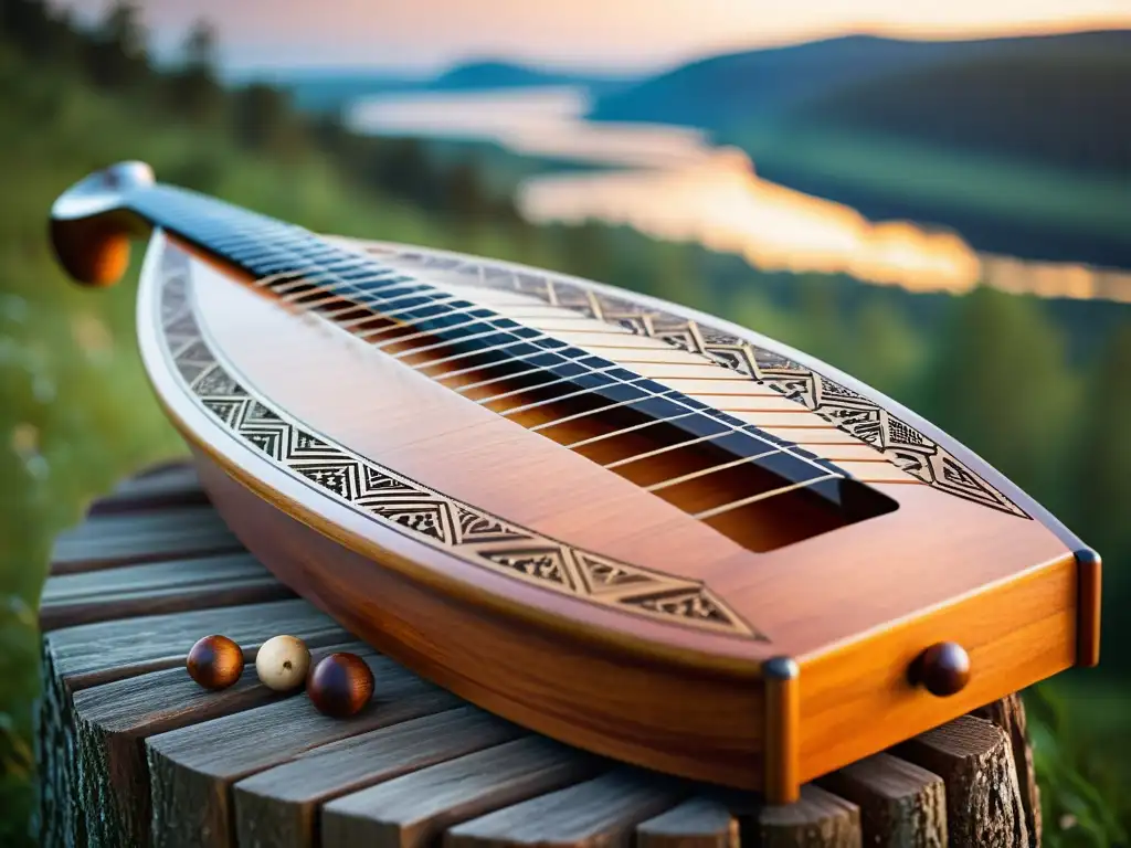 Una imagen de alta resolución de un kantele finlandés tradicional, exhibiendo su tallado intrincado y la disposición de sus cuerdas