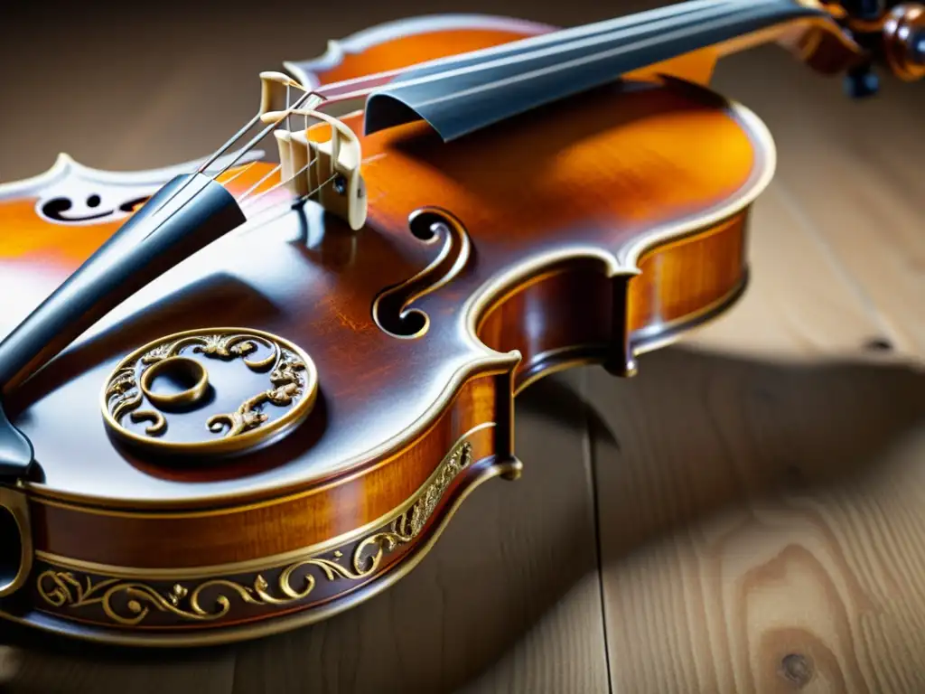 Una imagen de alta resolución de un violín barroco, mostrando detalles ornamentados y la pátina envejecida del instrumento