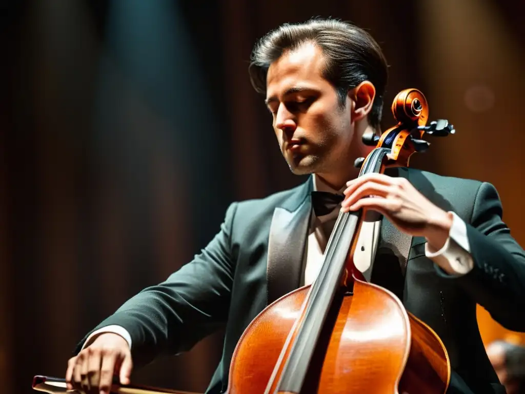 Apasionada actuación de violonchelista en el escenario Imagen de alta resolución de un violonchelista en solitario, destacando la pasión y destreza del músico y la artesanía detallada del chelo