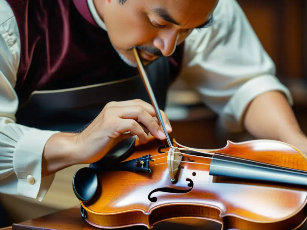 La imagen muestra la restauración meticulosa de un violín vintage por un artesano experto en cine