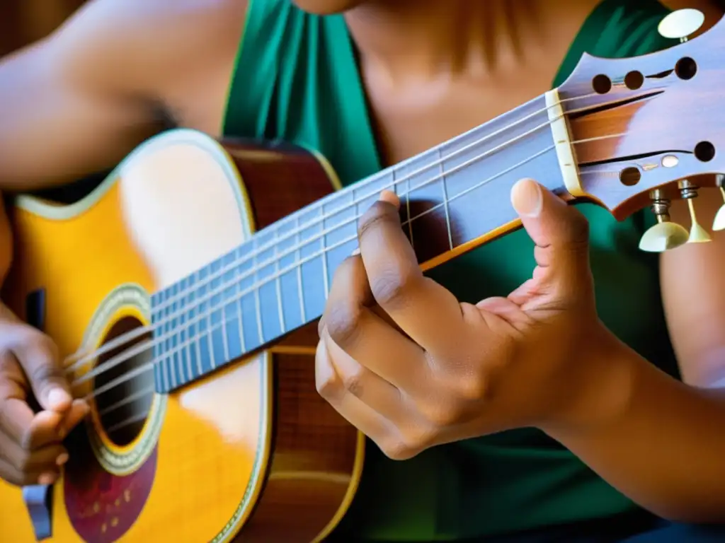 Una imagen que captura la rica historia y sonido del cuatro puertorriqueño a través de su artesanía y música