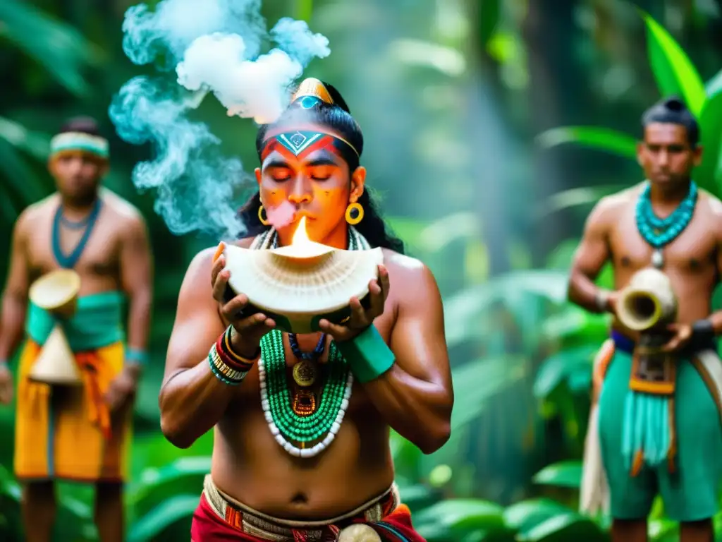 Imagen de un ritual maya con un chamán tocando una caracola, rodeado de personas indígenas en atuendos ceremoniales