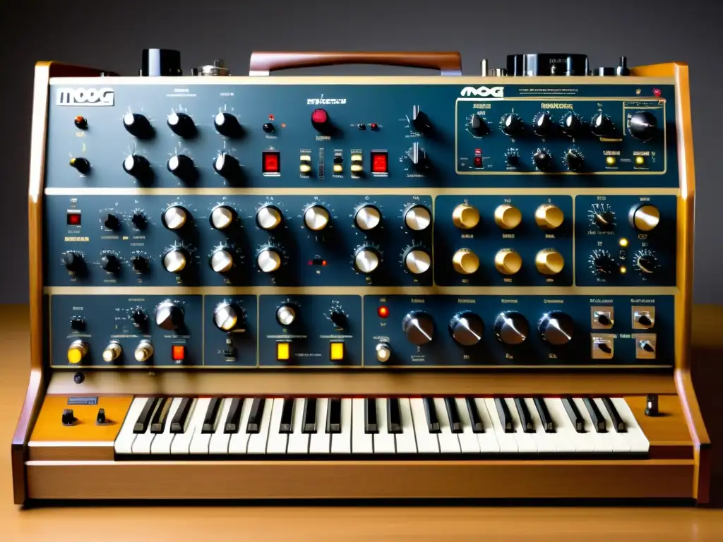 Imagen de la evolución de Moog sintetizadores a lo largo del tiempo, mostrando modelos, componentes y avances tecnológicos