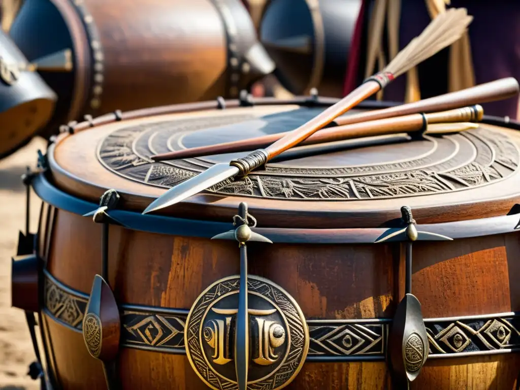 Imagen de tambores de guerra antiguos rodeados de artefactos históricos, evocando la historia y evolución de instrumentos musicales