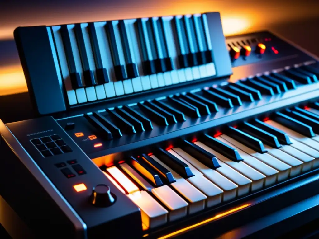 Imagen de un teclado electrónico moderno en un estudio de grabación con la palabra clave 'Mejores teclados para compositores'