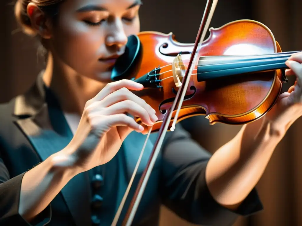 La imagen muestra la técnica de acordes rasgados en el violín, destacando la precisión y la artesanía en la ejecución