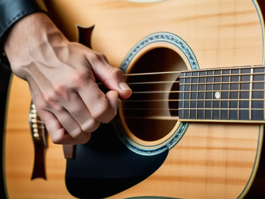 La imagen muestra la técnica slide guitarra acústica con detalles nítidos y cálidos tonos de madera