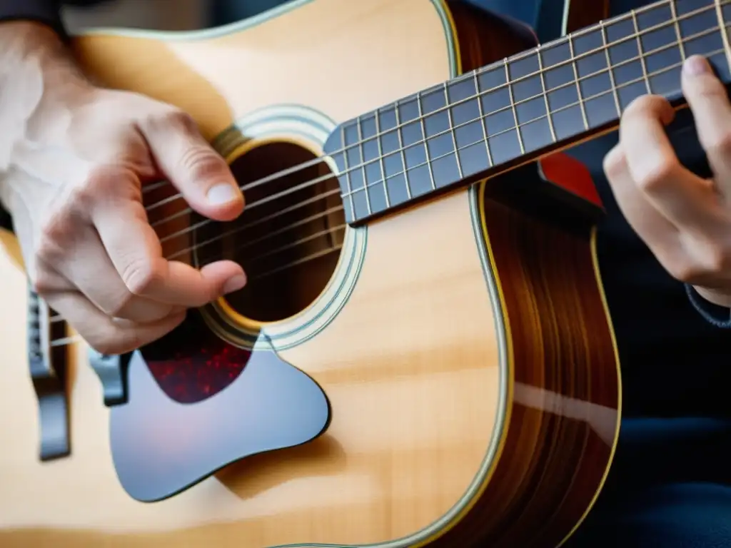 Mano de guitarrista: técnica del hammer-on en guitarra acústica La imagen muestra la técnica martilleo en guitarra acústica, capturando la destreza y precisión de los dedos del guitarrista