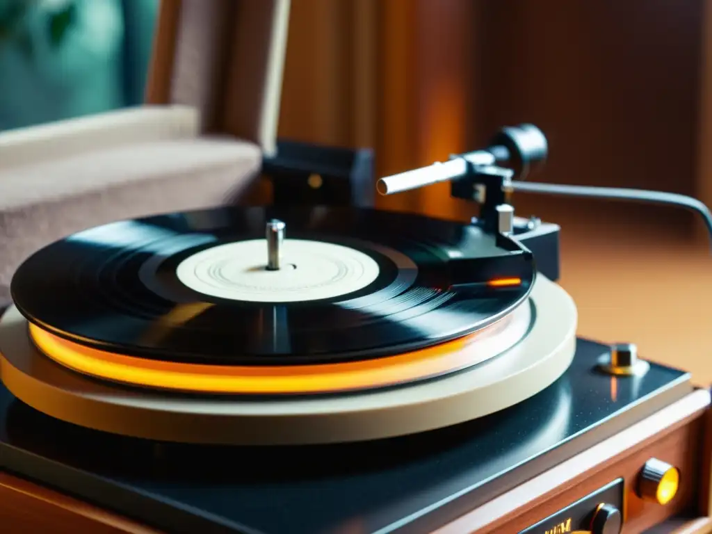 Una imagen de un tocadiscos vintage con un disco de vinilo girando