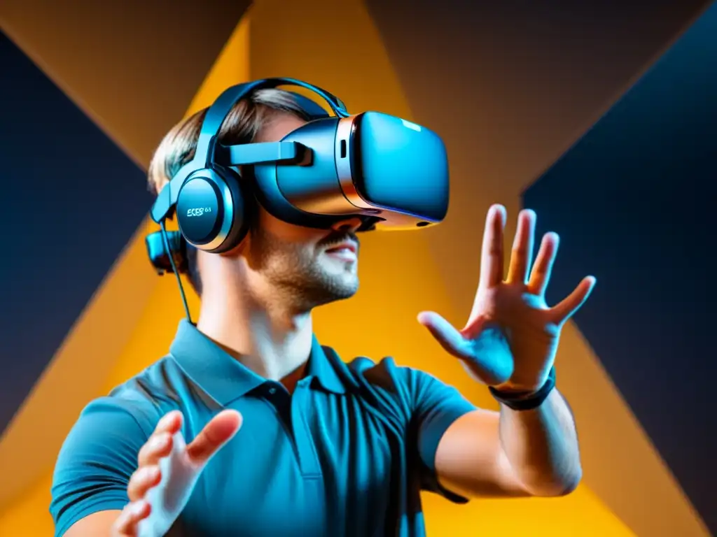 Imagen ultradetallada de usuario de realidad virtual con fidelidad acústica en un entorno inmersivo, gestos y detalles del headset