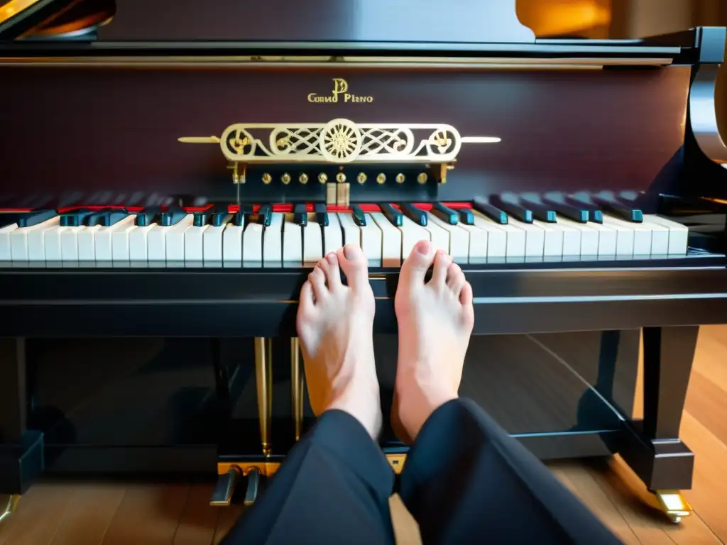 La imagen muestra el uso correcto de los pedales del piano, resaltando la técnica y la interacción precisa del pianista con el instrumento