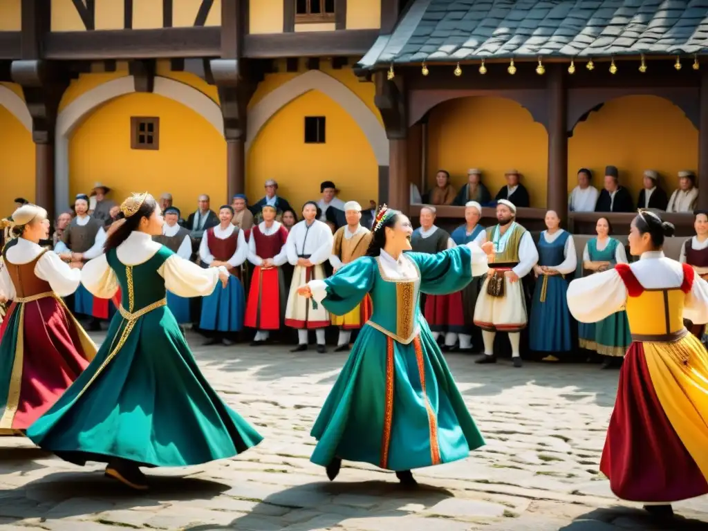 Imagen del vibrante Festival Medieval Música Danza Hita, con músicos y bailarines en vestimenta tradicional, rodeados de espectadores entusiastas