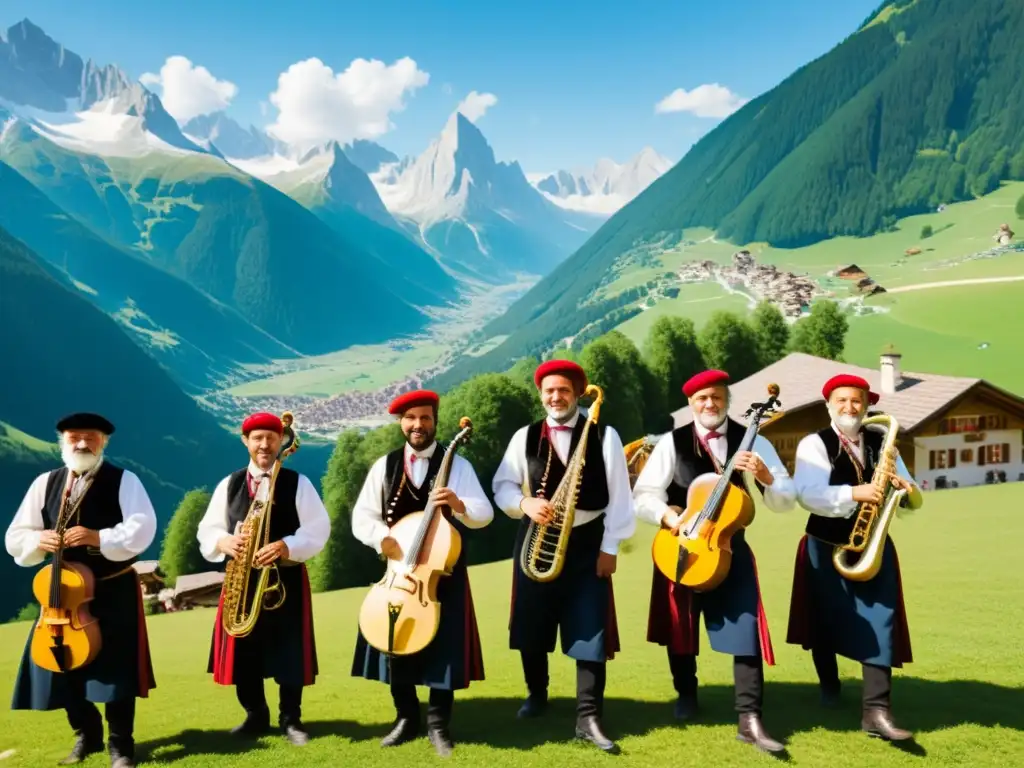 Imagen de un vibrante festival de música alpina con músicos tocando fiscorno alpino, rodeados de montañas y vestidos con trajes tradicionales