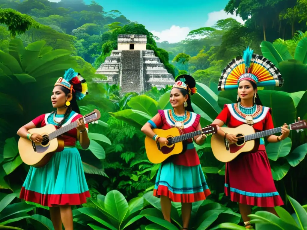 Imagen vibrante de músicos mayas en trajes coloridos, tocando instrumentos antiguos en medio de exuberante vegetación