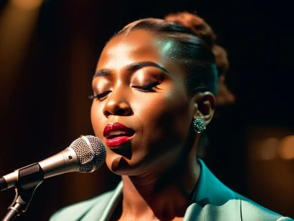 Imagen de un vocalista de jazz realizando la técnica scat con pasión y enfoque, iluminado por una luz cálida y dramática en el escenario