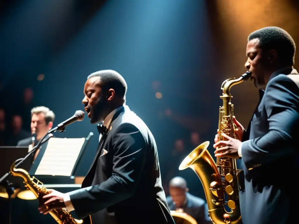 Una impactante fotografía detallada de un conjunto de jazz interpretando partituras con pasión y precisión