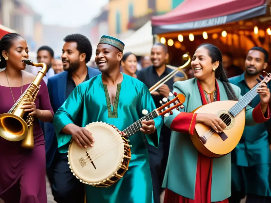 Una impactante fotografía documental de músicos interpretando instrumentos tradicionales en un bullicioso mercado