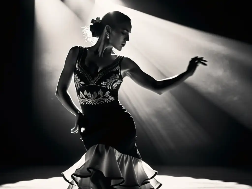 Una impactante imagen en blanco y negro de una bailaora de flamenco, con los brazos extendidos y vestido ondeando, en un escenario tenue