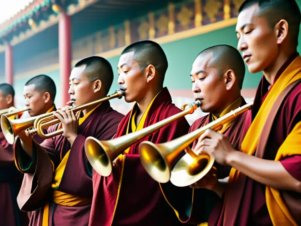 Una impactante fotografía de monjes budistas tibetanos tocando dungchen durante una ceremonia, con detalles vibrantes y una atmósfera espiritual