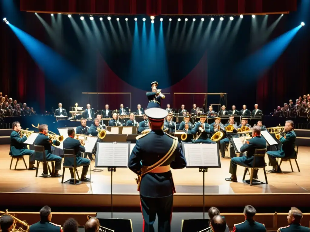 Una impactante presentación de una orquesta militar en un escenario, con músicos vestidos impecablemente y tocando una variedad de instrumentos