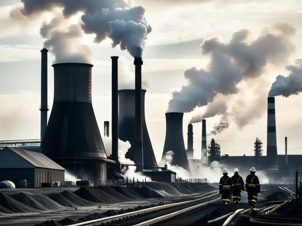 Un impactante retrato en blanco y negro de un paisaje industrial, con humeantes chimeneas y trabajadores rodeados de arquitectura imponente