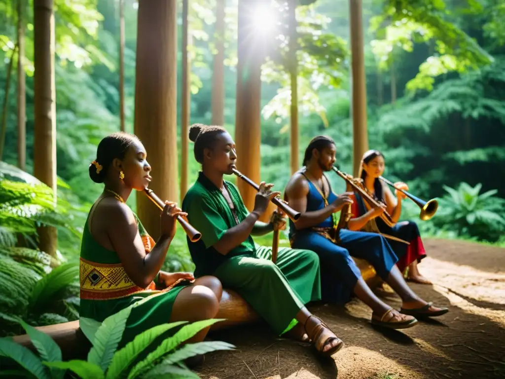 Impacto de la música en la conciencia ambiental: Músicos tradicionales tocan en el bosque, rodeados de naturaleza exuberante