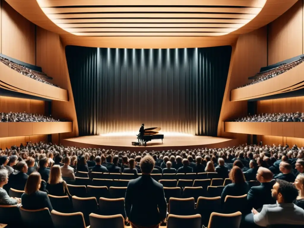 El impacto del silencio en la acústica de un teatro durante un concierto, resaltando la intensa concentración del público mientras absorben la música