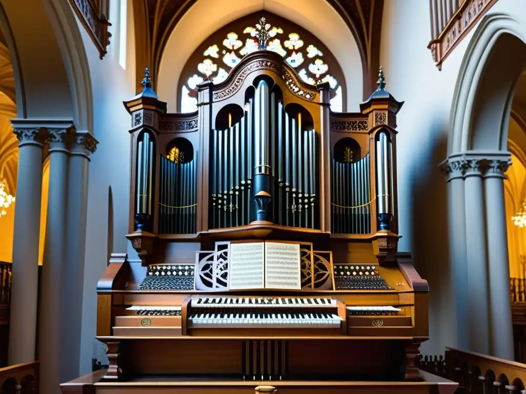Imponente órgano en catedral, con teclados neumáticos, luz y sombra, exudando reverencia y tradición en la música sacra