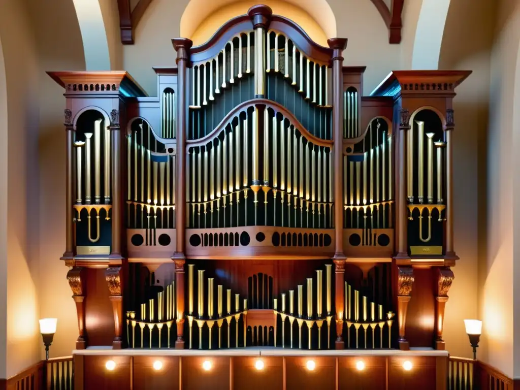 Imponente órgano de tubos en música, detallado y majestuoso, con madera reluciente y metal brillante, evocando reverencia y grandeza